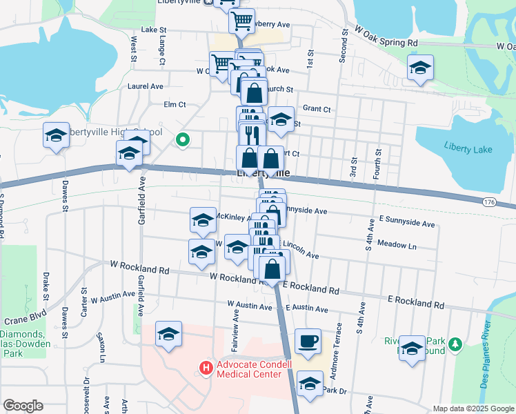 map of restaurants, bars, coffee shops, grocery stores, and more near 120 Sunnyside Place in Libertyville