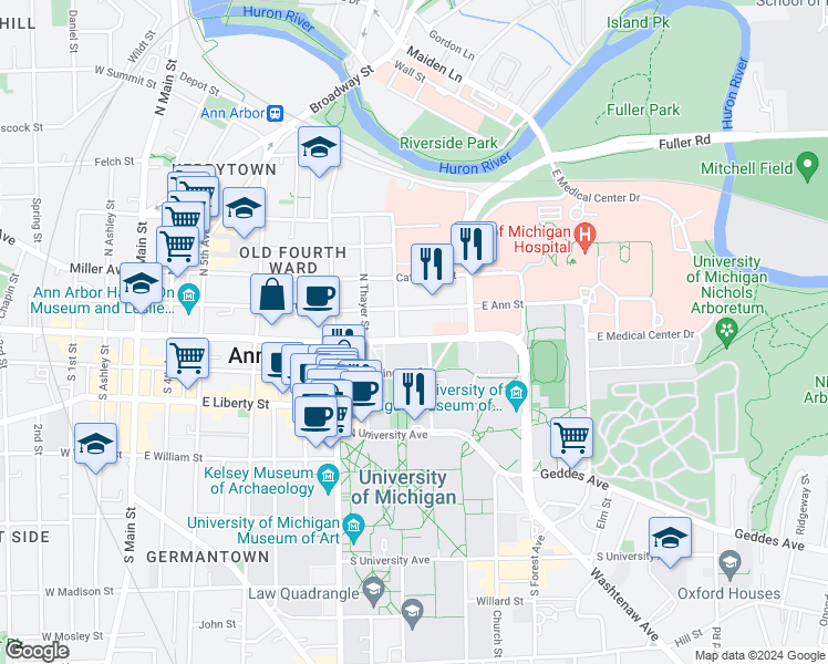 map of restaurants, bars, coffee shops, grocery stores, and more near 913 East Huron Street in Ann Arbor