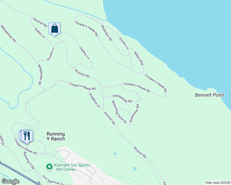 map of restaurants, bars, coffee shops, grocery stores, and more near 6245 Cooper's Hawk Road in Klamath Falls