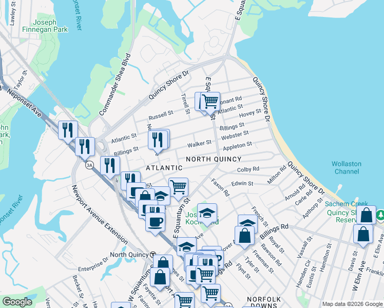map of restaurants, bars, coffee shops, grocery stores, and more near 62 Walker Street in Quincy