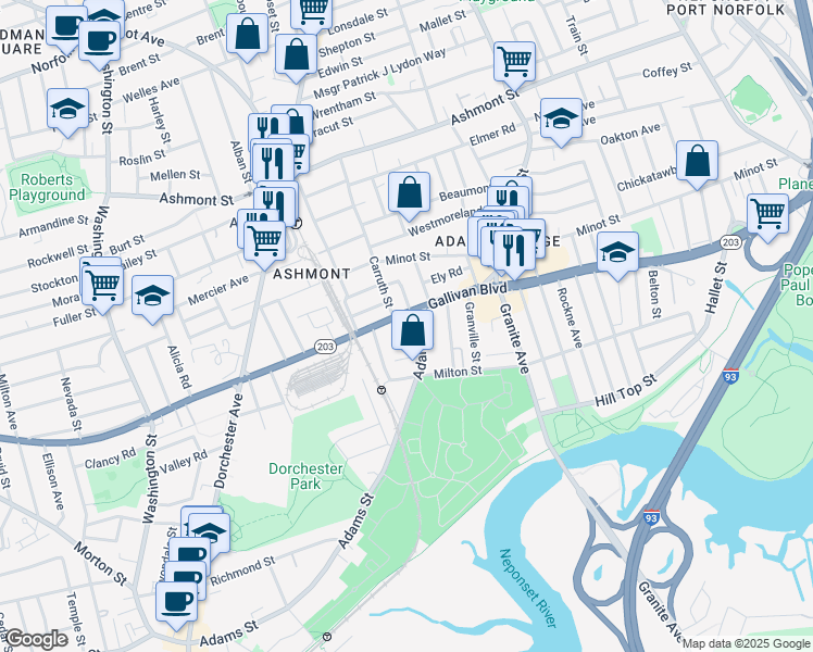 map of restaurants, bars, coffee shops, grocery stores, and more near 424 Gallivan Boulevard in Boston