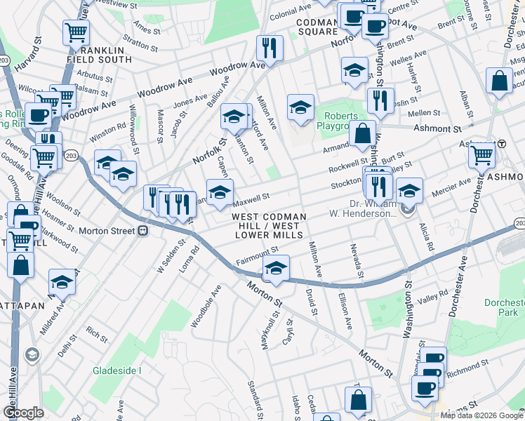 map of restaurants, bars, coffee shops, grocery stores, and more near 62 Maxwell Street in Boston