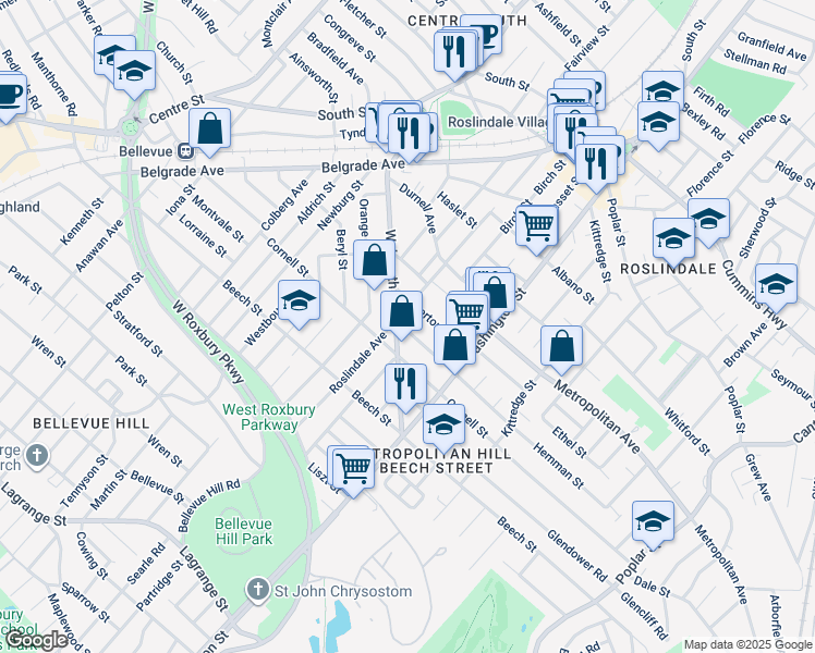 map of restaurants, bars, coffee shops, grocery stores, and more near 145-147 Walworth Street in Boston