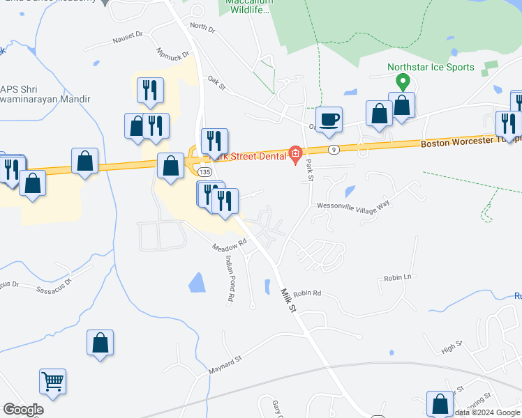 map of restaurants, bars, coffee shops, grocery stores, and more near 161 Milk Street in Westborough