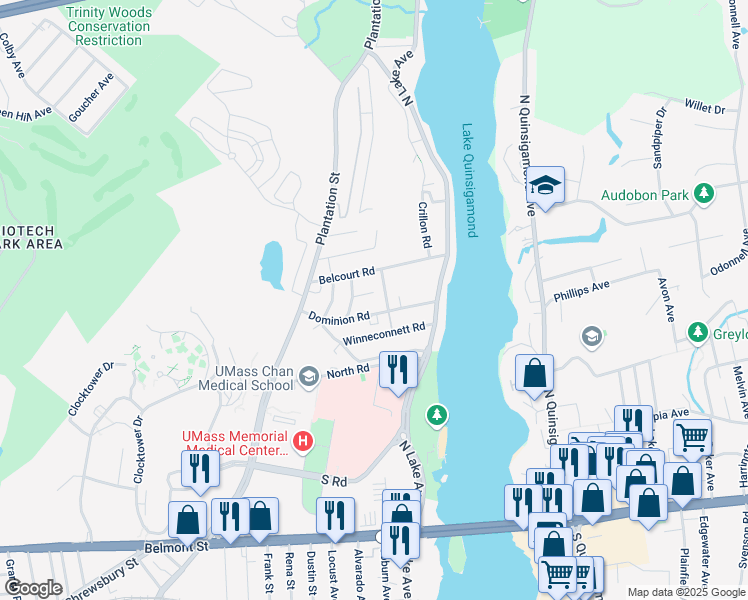 map of restaurants, bars, coffee shops, grocery stores, and more near 10 Ansonia Road in Worcester