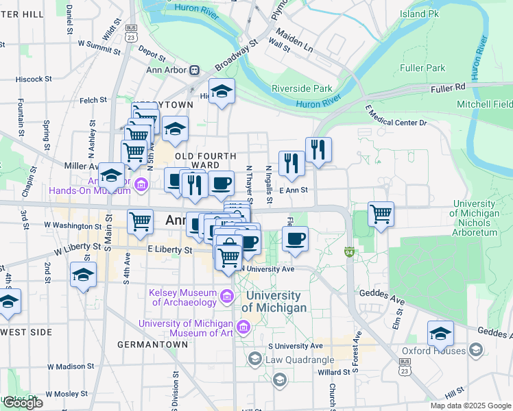 map of restaurants, bars, coffee shops, grocery stores, and more near 816 East Ann Street in Ann Arbor