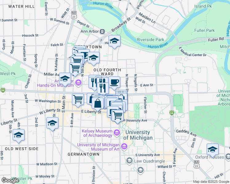 map of restaurants, bars, coffee shops, grocery stores, and more near 520 East Ann Street in Ann Arbor