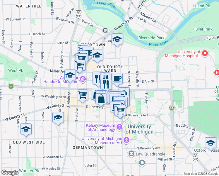 map of restaurants, bars, coffee shops, grocery stores, and more near 520 East Ann Street in Ann Arbor