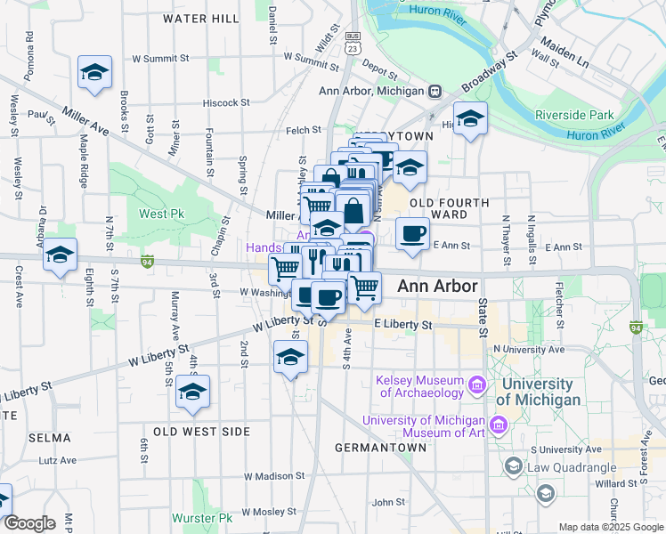 map of restaurants, bars, coffee shops, grocery stores, and more near 205 North Main Street in Ann Arbor