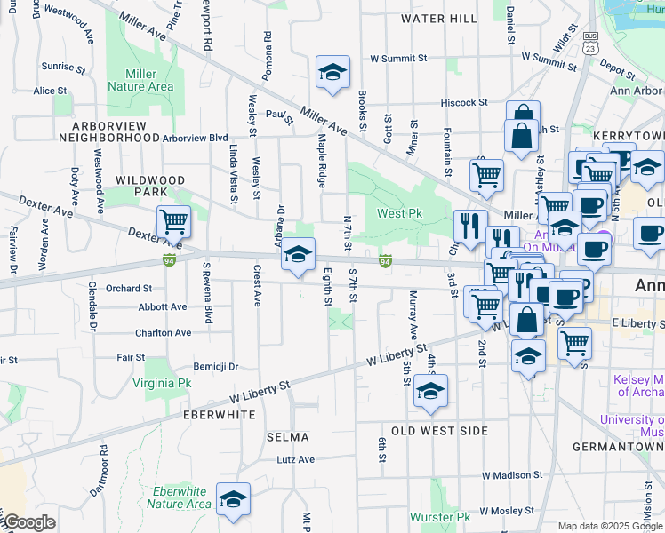 map of restaurants, bars, coffee shops, grocery stores, and more near 1000 West Huron Street in Ann Arbor