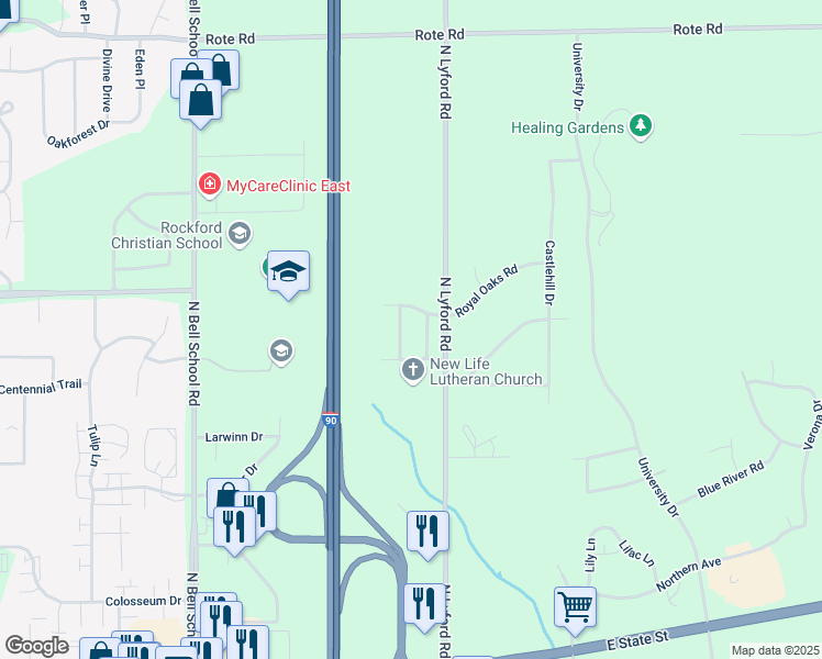 map of restaurants, bars, coffee shops, grocery stores, and more near 1175 Trowbridge Lane in Rockford
