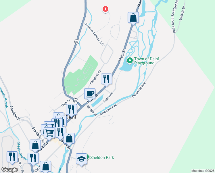 map of restaurants, bars, coffee shops, grocery stores, and more near 201 Main Street in Delhi
