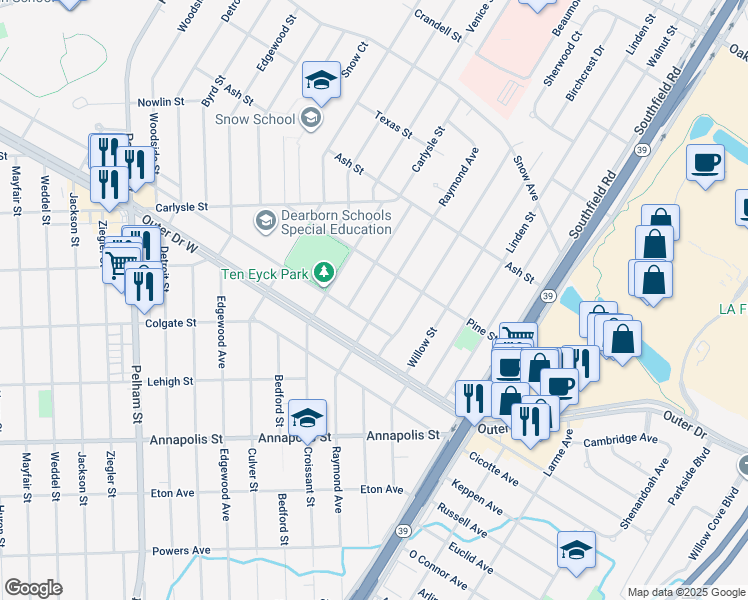 map of restaurants, bars, coffee shops, grocery stores, and more near 3445 Smith Street in Dearborn