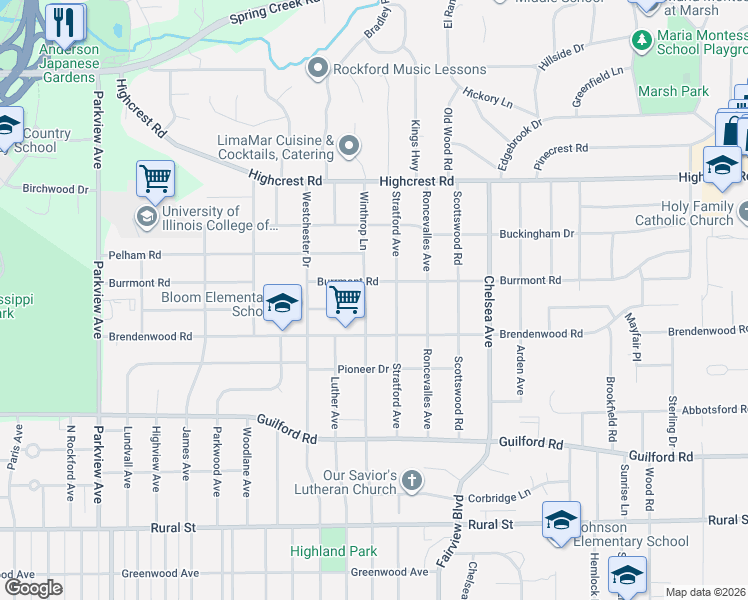 map of restaurants, bars, coffee shops, grocery stores, and more near in Rockford