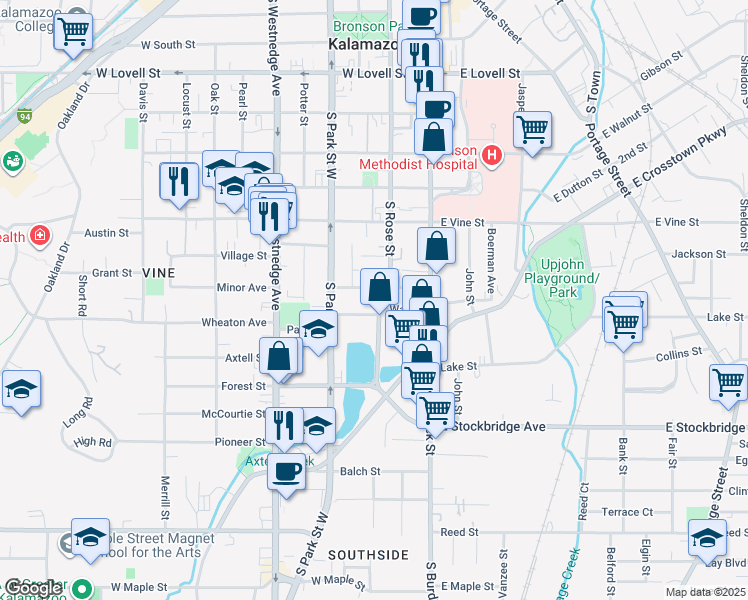 map of restaurants, bars, coffee shops, grocery stores, and more near 218 Burr Oak Street in Kalamazoo