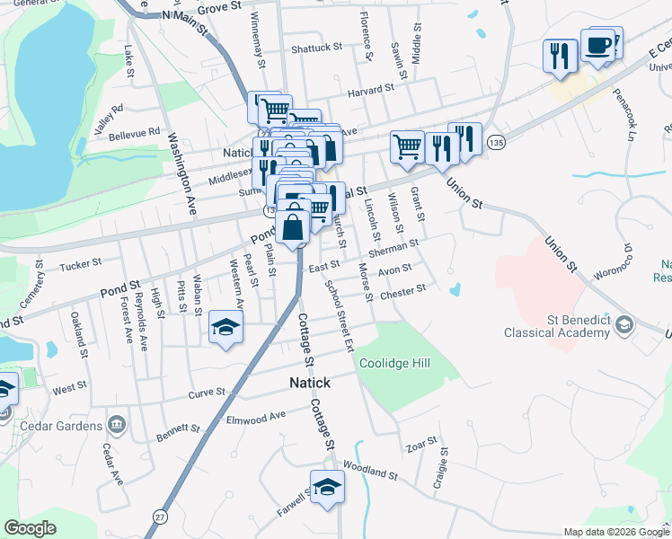 map of restaurants, bars, coffee shops, grocery stores, and more near 13 East Street in Natick