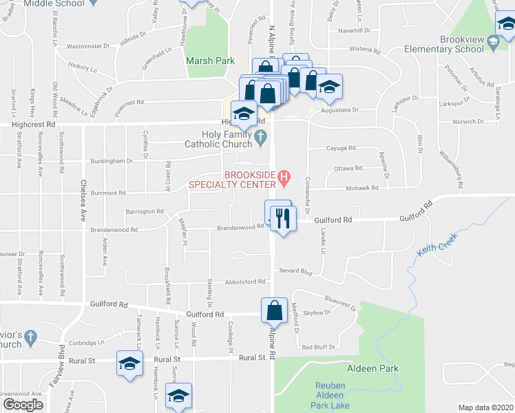 map of restaurants, bars, coffee shops, grocery stores, and more near 4444 Brendenwood Road in Rockford