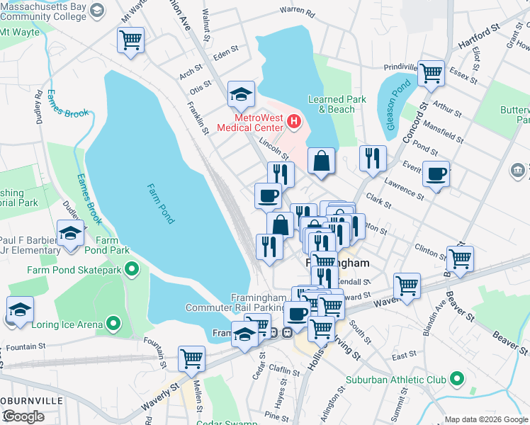 map of restaurants, bars, coffee shops, grocery stores, and more near 150 Franklin Street in Framingham