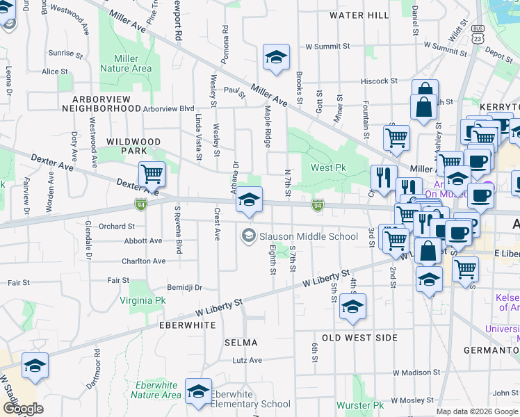 map of restaurants, bars, coffee shops, grocery stores, and more near 1015 West Huron Street in Ann Arbor