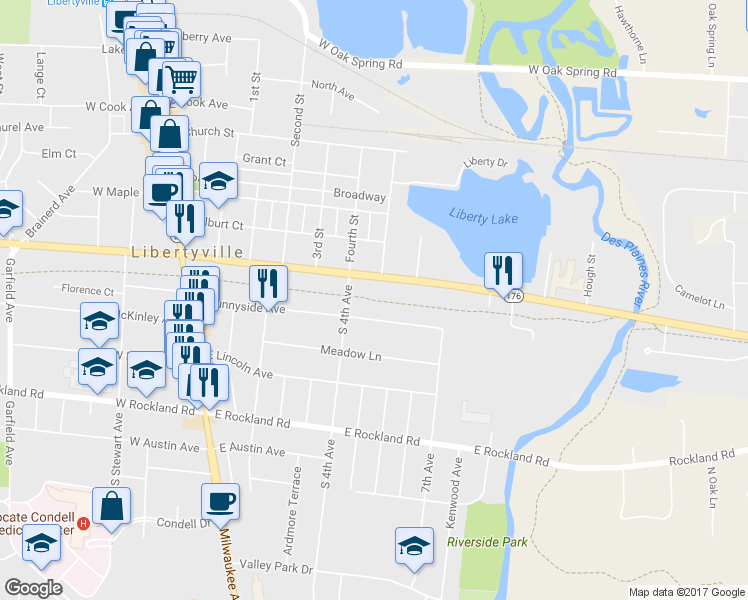 map of restaurants, bars, coffee shops, grocery stores, and more near N Shore Bike Path in Libertyville