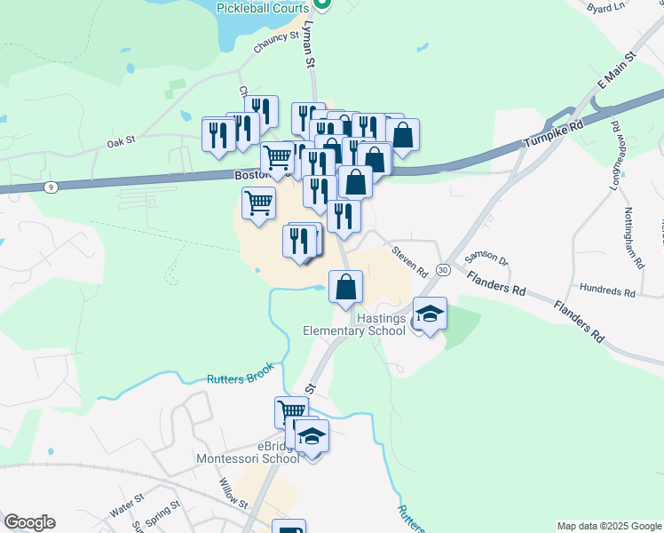map of restaurants, bars, coffee shops, grocery stores, and more near 18 Lyman Street in Westborough