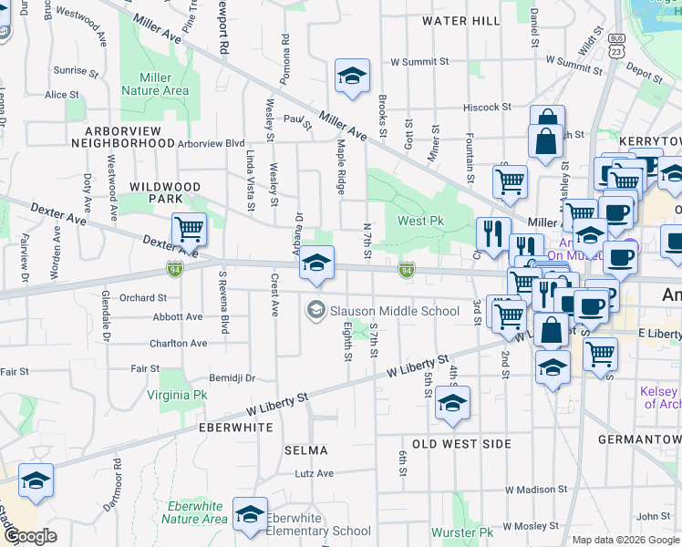 map of restaurants, bars, coffee shops, grocery stores, and more near 1003 West Huron Street in Ann Arbor