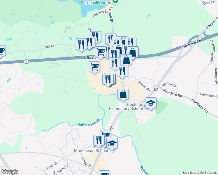 map of restaurants, bars, coffee shops, grocery stores, and more near 18 Lyman Street in Westborough