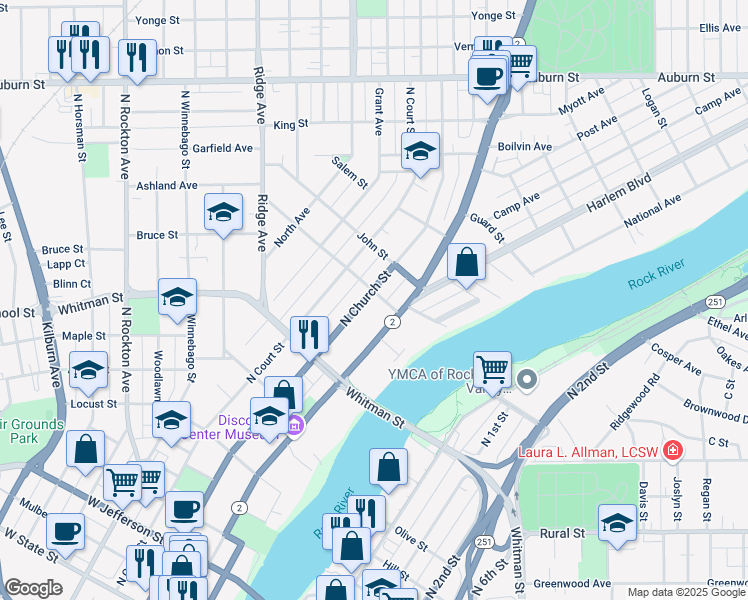 map of restaurants, bars, coffee shops, grocery stores, and more near 984 North Church Street in Rockford
