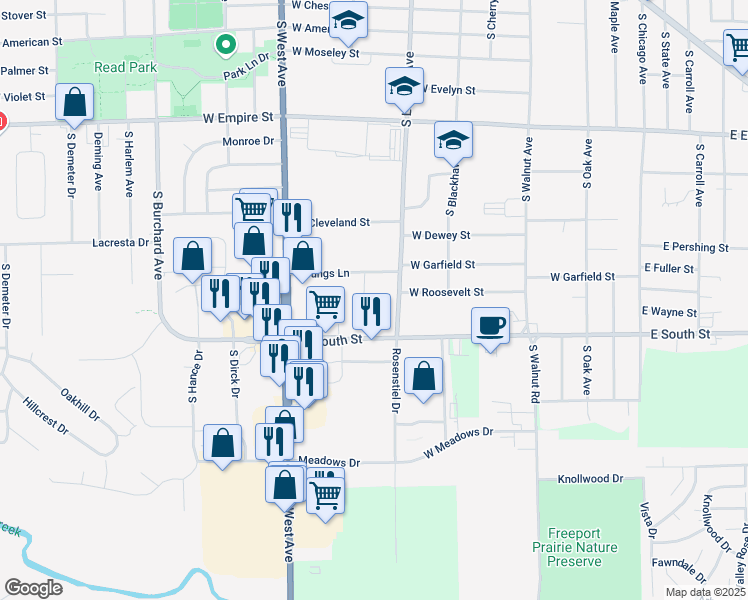 map of restaurants, bars, coffee shops, grocery stores, and more near 621 Youngs Lane in Freeport