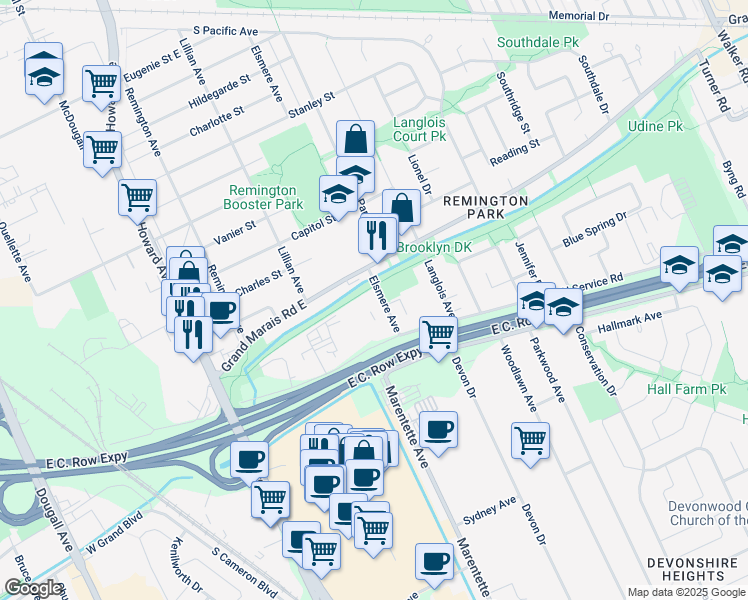 map of restaurants, bars, coffee shops, grocery stores, and more near 200 Elsmere Avenue in Windsor