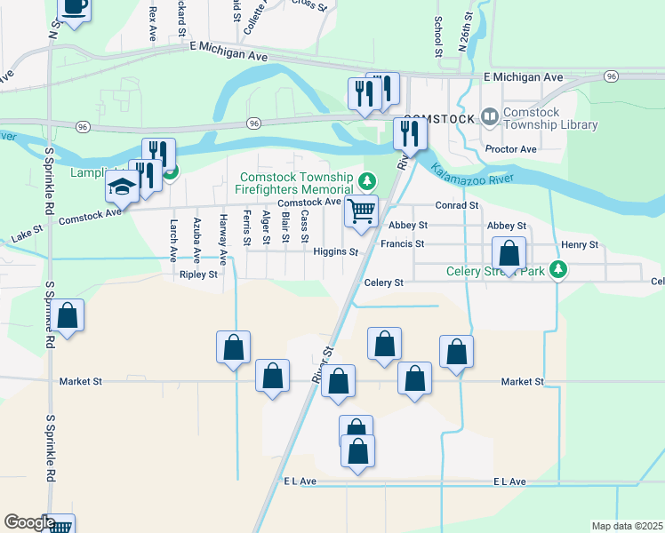 map of restaurants, bars, coffee shops, grocery stores, and more near 5776 Higgins Street in Kalamazoo