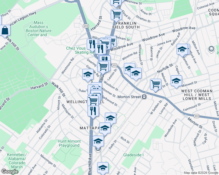 map of restaurants, bars, coffee shops, grocery stores, and more near 22 Woolson Street in Boston