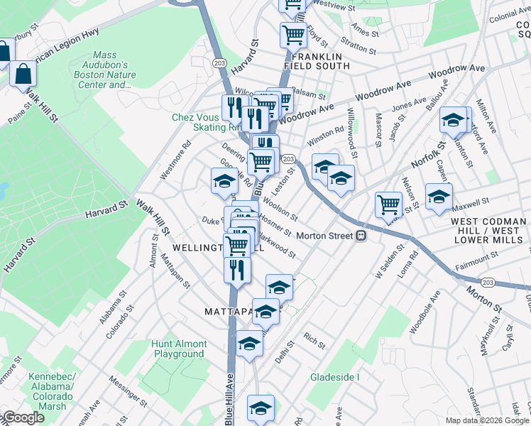 map of restaurants, bars, coffee shops, grocery stores, and more near 22 Woolson Street in Boston