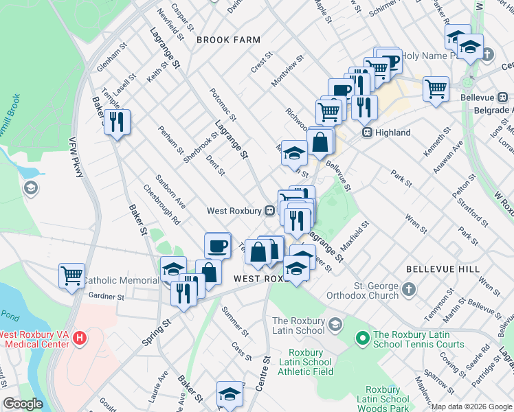 map of restaurants, bars, coffee shops, grocery stores, and more near 31 Dent Street in Boston
