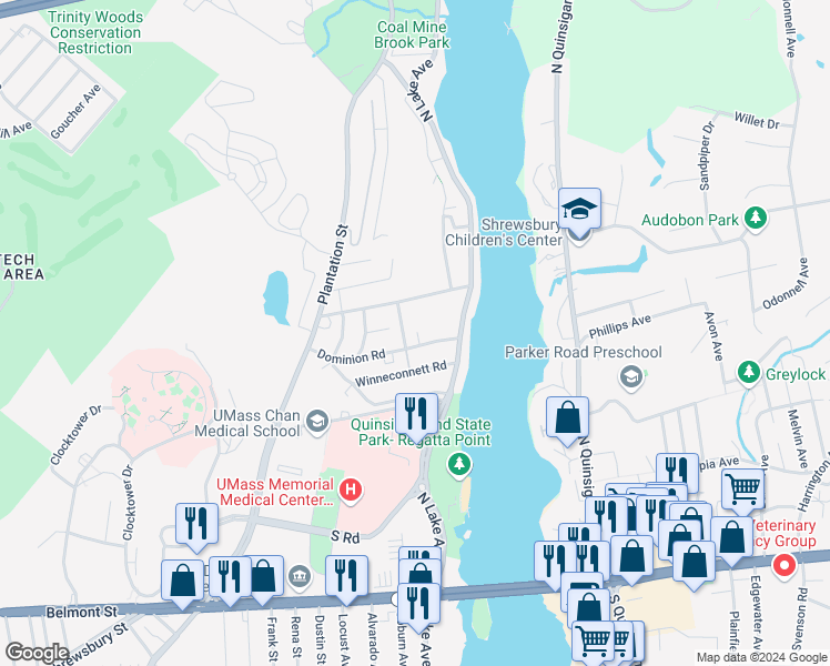 map of restaurants, bars, coffee shops, grocery stores, and more near 10 Ansonia Road in Worcester