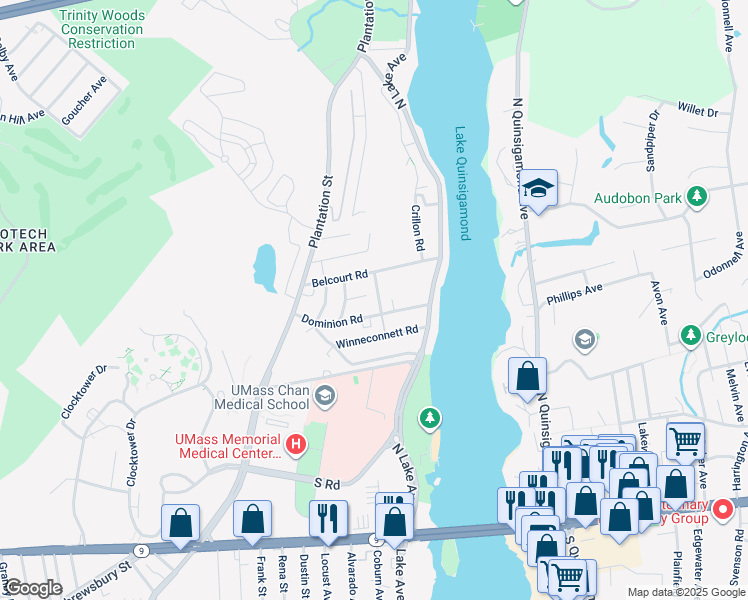 map of restaurants, bars, coffee shops, grocery stores, and more near 10 Ansonia Road in Worcester