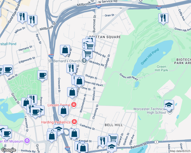 map of restaurants, bars, coffee shops, grocery stores, and more near 54 Windsor Street in Worcester