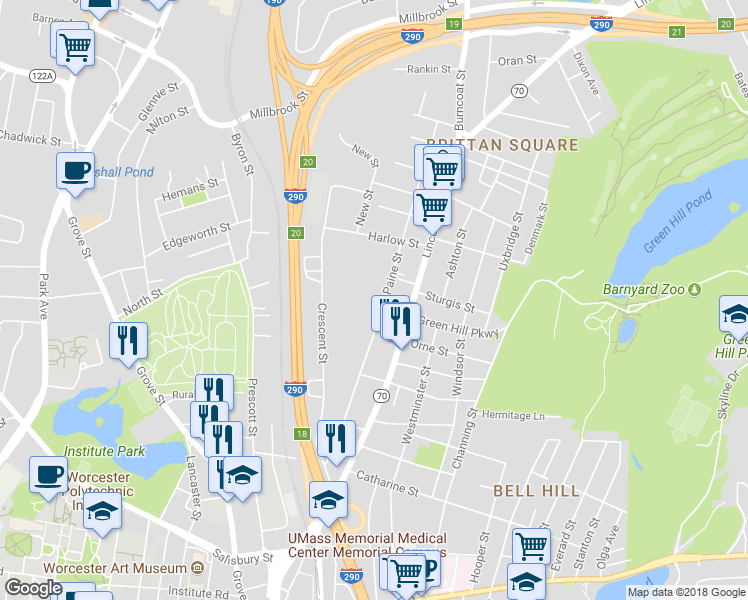 map of restaurants, bars, coffee shops, grocery stores, and more near 65 Paine Street in Worcester