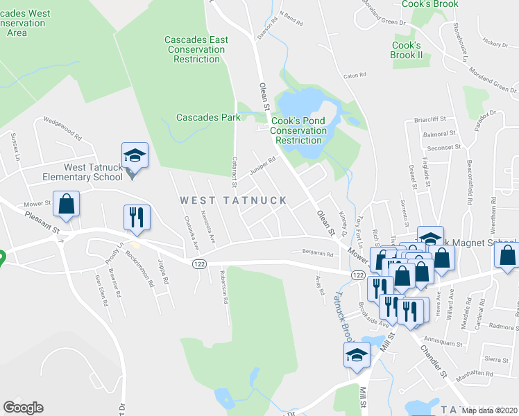 map of restaurants, bars, coffee shops, grocery stores, and more near 9 Monica Road in Worcester