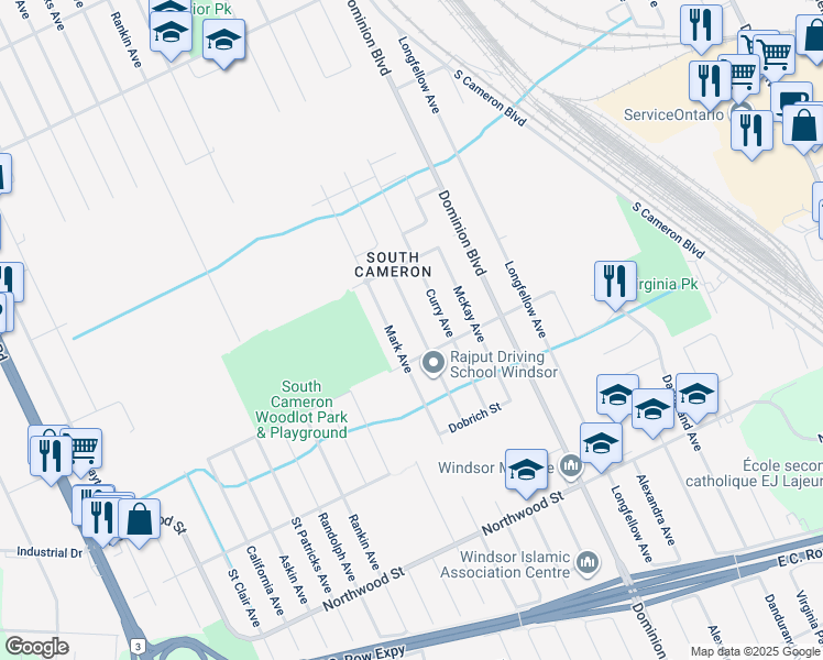 map of restaurants, bars, coffee shops, grocery stores, and more near in Windsor