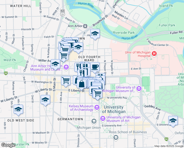 map of restaurants, bars, coffee shops, grocery stores, and more near 520 East Ann Street in Ann Arbor