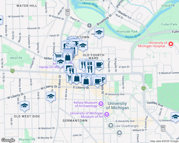 map of restaurants, bars, coffee shops, grocery stores, and more near 120 North Division Street in Ann Arbor