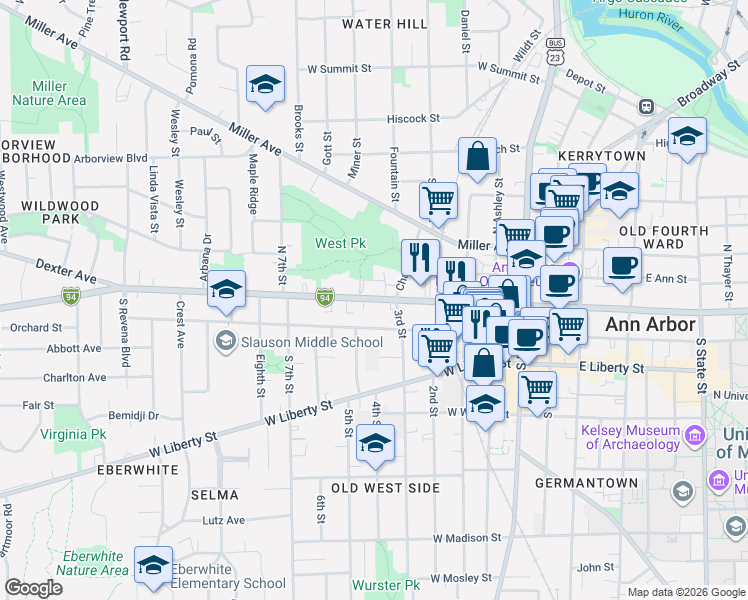map of restaurants, bars, coffee shops, grocery stores, and more near 704 West Huron Street in Ann Arbor