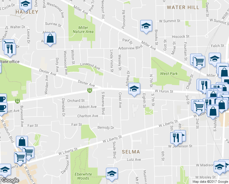 map of restaurants, bars, coffee shops, grocery stores, and more near in Ann Arbor