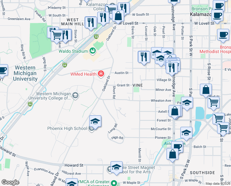 map of restaurants, bars, coffee shops, grocery stores, and more near 919 Short Road in Kalamazoo