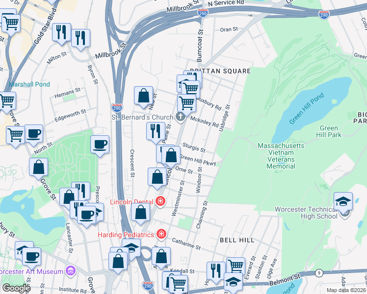 map of restaurants, bars, coffee shops, grocery stores, and more near 2 Sturgis Street in Worcester