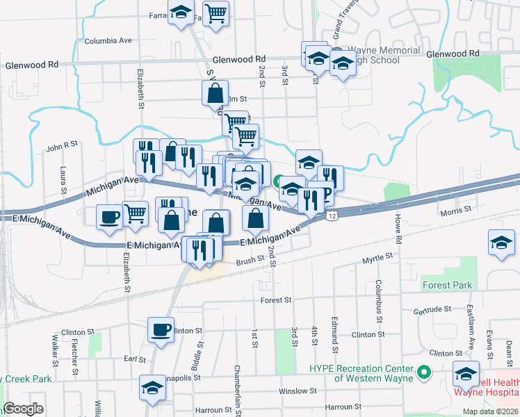 map of restaurants, bars, coffee shops, grocery stores, and more near 34840 West Michigan Avenue in Wayne