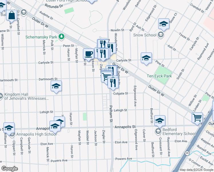 map of restaurants, bars, coffee shops, grocery stores, and more near 3932 Pelham Street in Dearborn Heights