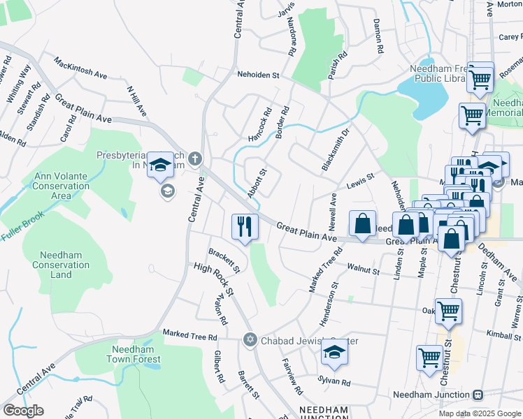 map of restaurants, bars, coffee shops, grocery stores, and more near 25 Ware Road in Needham