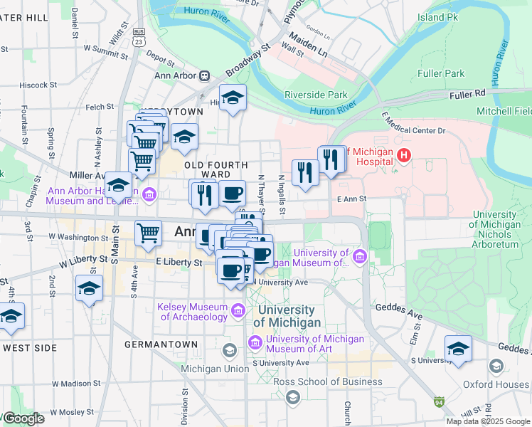 map of restaurants, bars, coffee shops, grocery stores, and more near 110 North Thayer Street in Ann Arbor